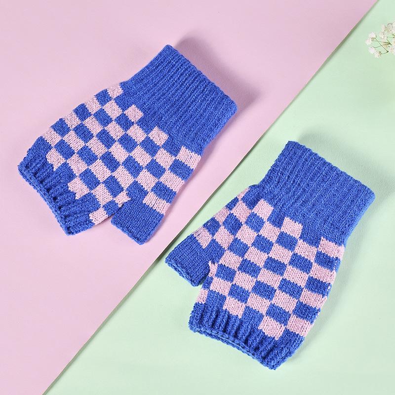 Теплые перчатки трикотажные клетчатые морозостойкие перчатки с половиной пальца для женщин зимние