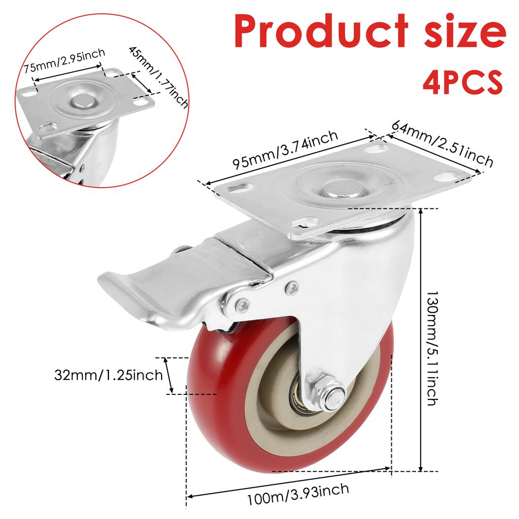 4Pcs 4 Inch Caster Wheel Heavy Universal 360° Swivel Silent Brake Wheels Caster Furniture Wear Platform Trolley Household