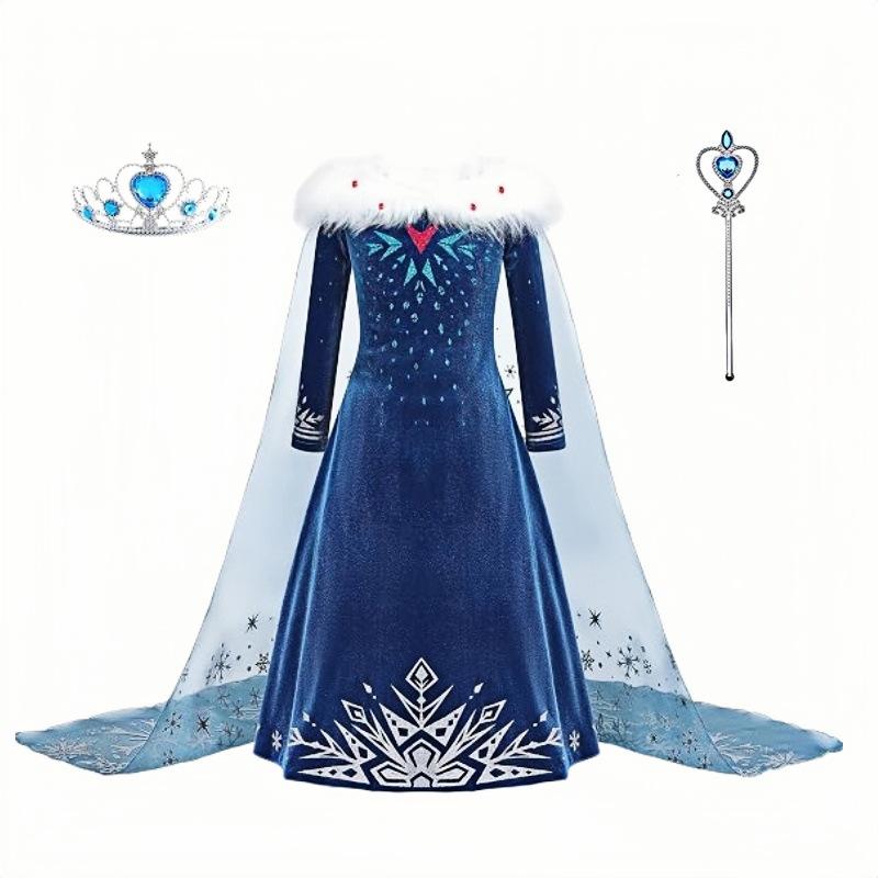 Elsa Princess Dress Frozen Cosplay Costume Kids Role Play Outfit Girls Winter Dress Fleece Lined Thick