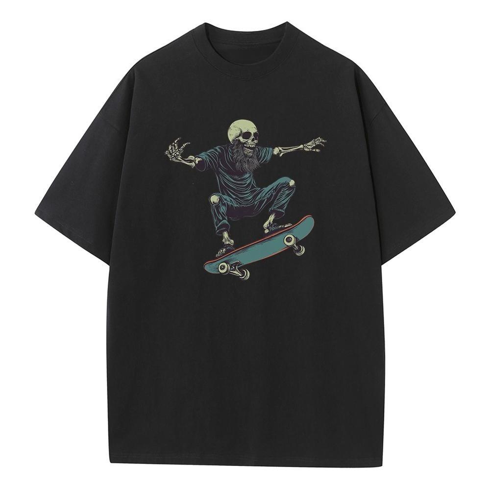 Summer T Shirt Baggy Style Pure Cotton Drop Shoulder Unisex Tops Skateboard Skeleton Retro Graphic T Shirts Breathable Print