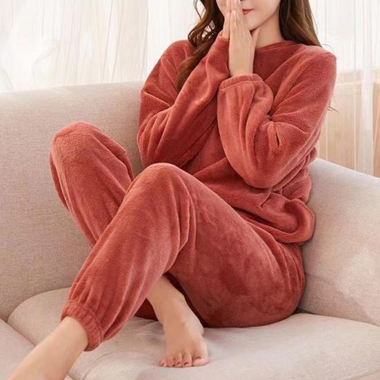 2 Pcs/Set Women Winter Pajamas Set Soft Thick Plush Cold Resistant Solid Color Round Neck Elastic Waist Long Sleeve Lady Homewear Sleeping Set