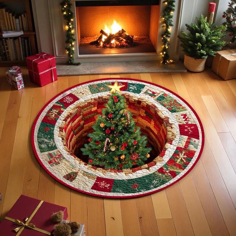 Christmas Tree Round Doormat, Winter Home Decor Rug, Xmas Welcome Door Mat for Holiday Decoration (2D Flat Printing)