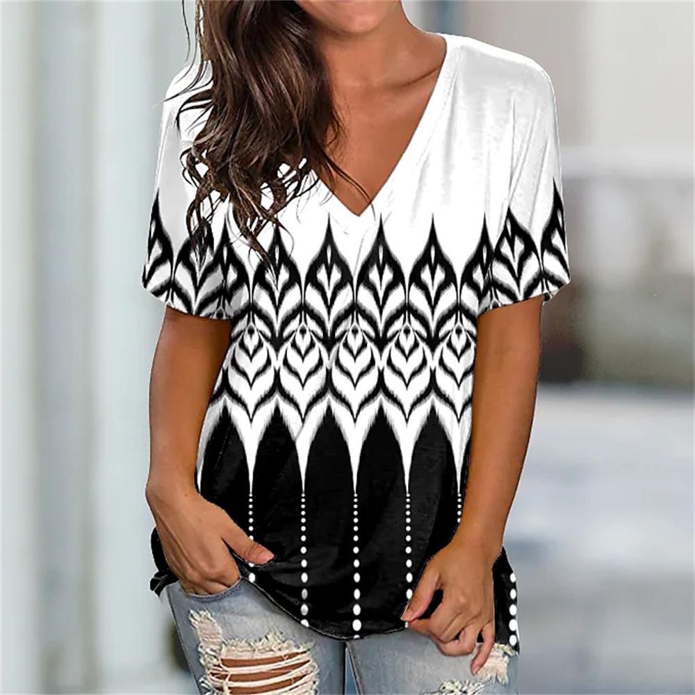 Летний топ с V-образным вырезом и 3D-принтом, модные повседневные женские футболки с короткими рукавами