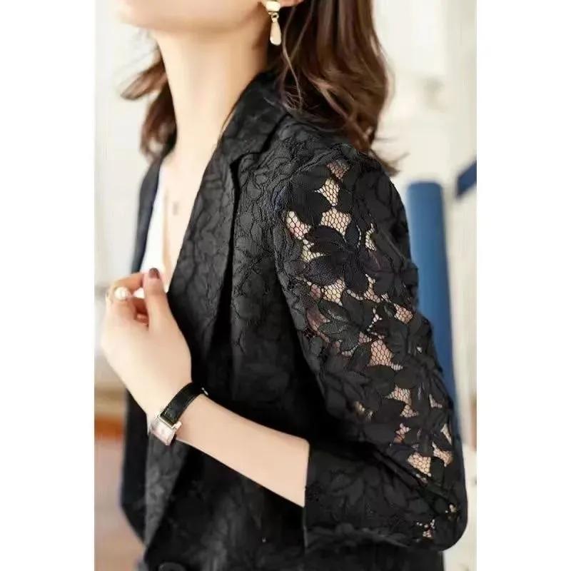Lace Suit Coat Women's Large Korean Version Spring and Summer Three-quarter Sleeve Top Sunscreen Shirt Cut-out Thin Suit