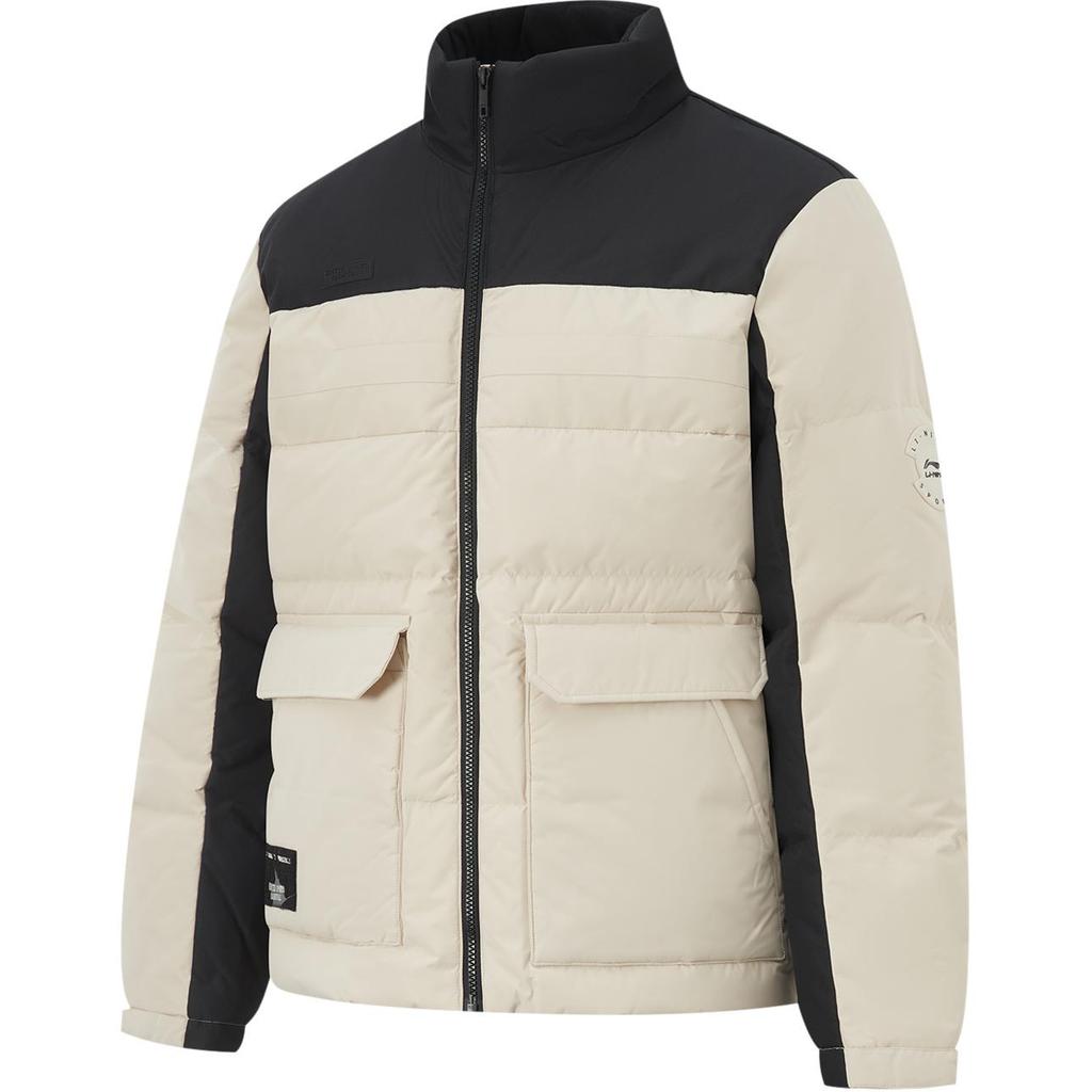 Li-Ning Спортивная модная серия с воротником-стойкой на молнии, теплая куртка с длинным рукавом с надписью, мужская верхняя одежда, овсяно-серый AYMU531-5