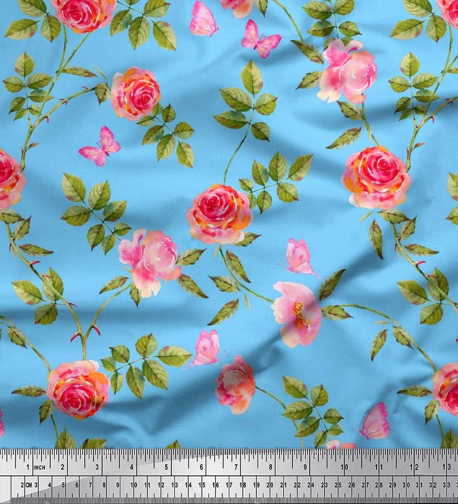 Soimoi Японская креп-сатиновая ткань с листьями, розами и пионами, ткань с цветочным принтом по метрам, 42 дюйма