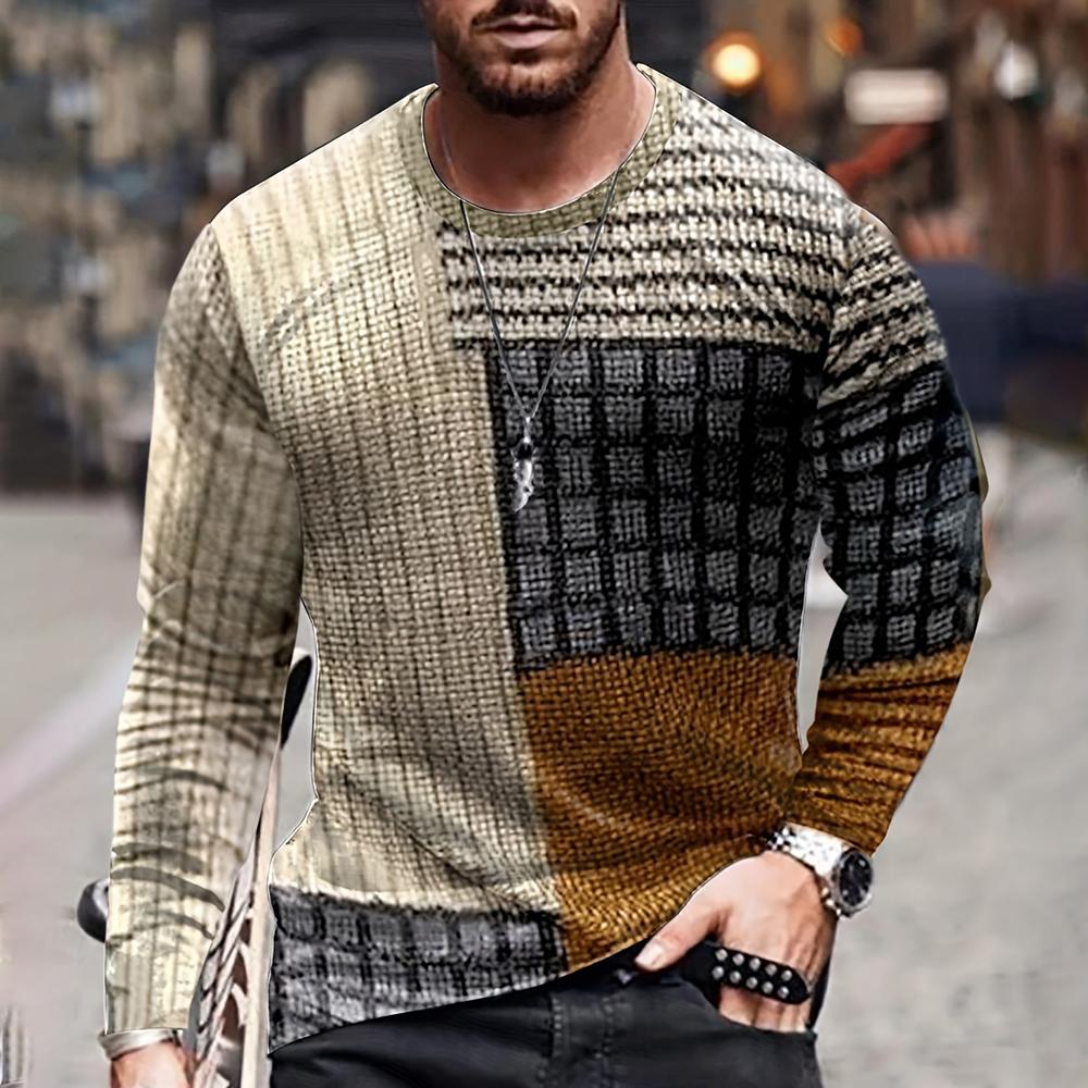 Цветная блокировка, трехмерный принт, мужская осенне-зимняя свободная повседневная рубашка с круглым вырезом и длинными рукавами, оверсайз, одежда в стиле ретро