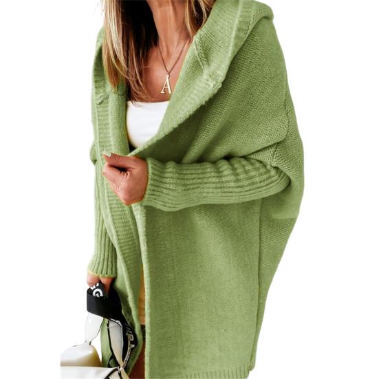 Женский свитер, пальто с капюшоном, длинный рукав, ребристые манжеты, открытая передняя часть, вязаное пальто, однотонный свитер средней длины, кардиган