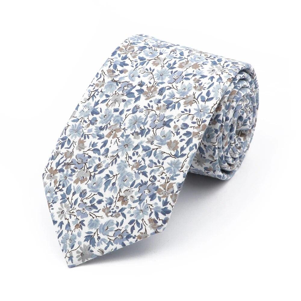 Floral Tie, For Men Women, 100% Cotton, Elegant Flower Necktie, White, Blue, Narrow Skinny, Wedding, Party