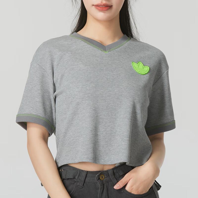 Adidas Оригинальная короткая футболка с V-образным вырезом, женские топы, серые JJ4366