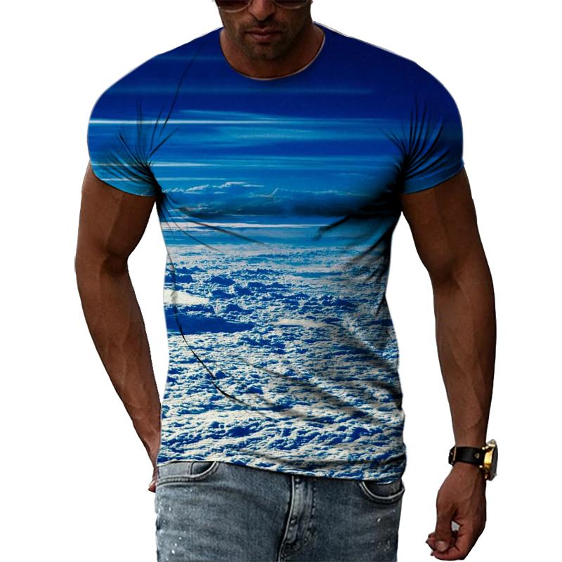 Летние мужские футболки с голубым небом и белыми облаками с 3D принтом, модные повседневные индивидуальные простые футболки с короткими рукавами и круглым вырезом, топы
