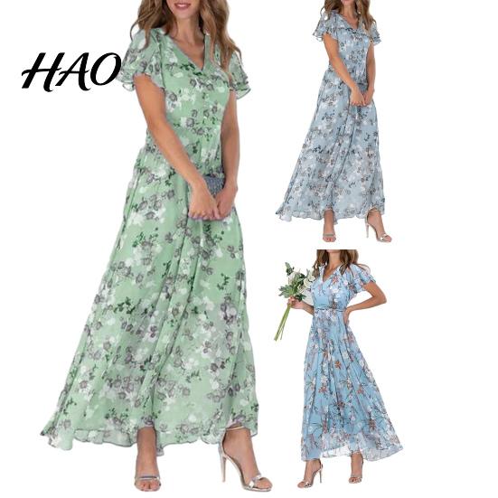 Maxi Dress V-neck Ruffle Short Sleeve Waist Tight High-waist Women Flowy Hem Sweet Floral Print Chiffon Female Clothing