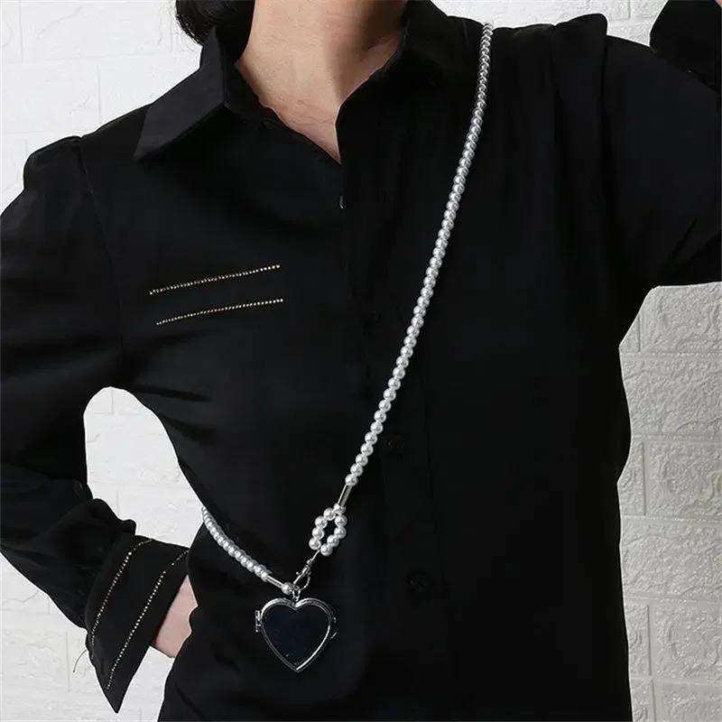 Fashion Long Necklace with Big Mirror Heart Pendant Women Pearl Shoudler Chain Personality Jewelry Wedding Party Accessories KTJ