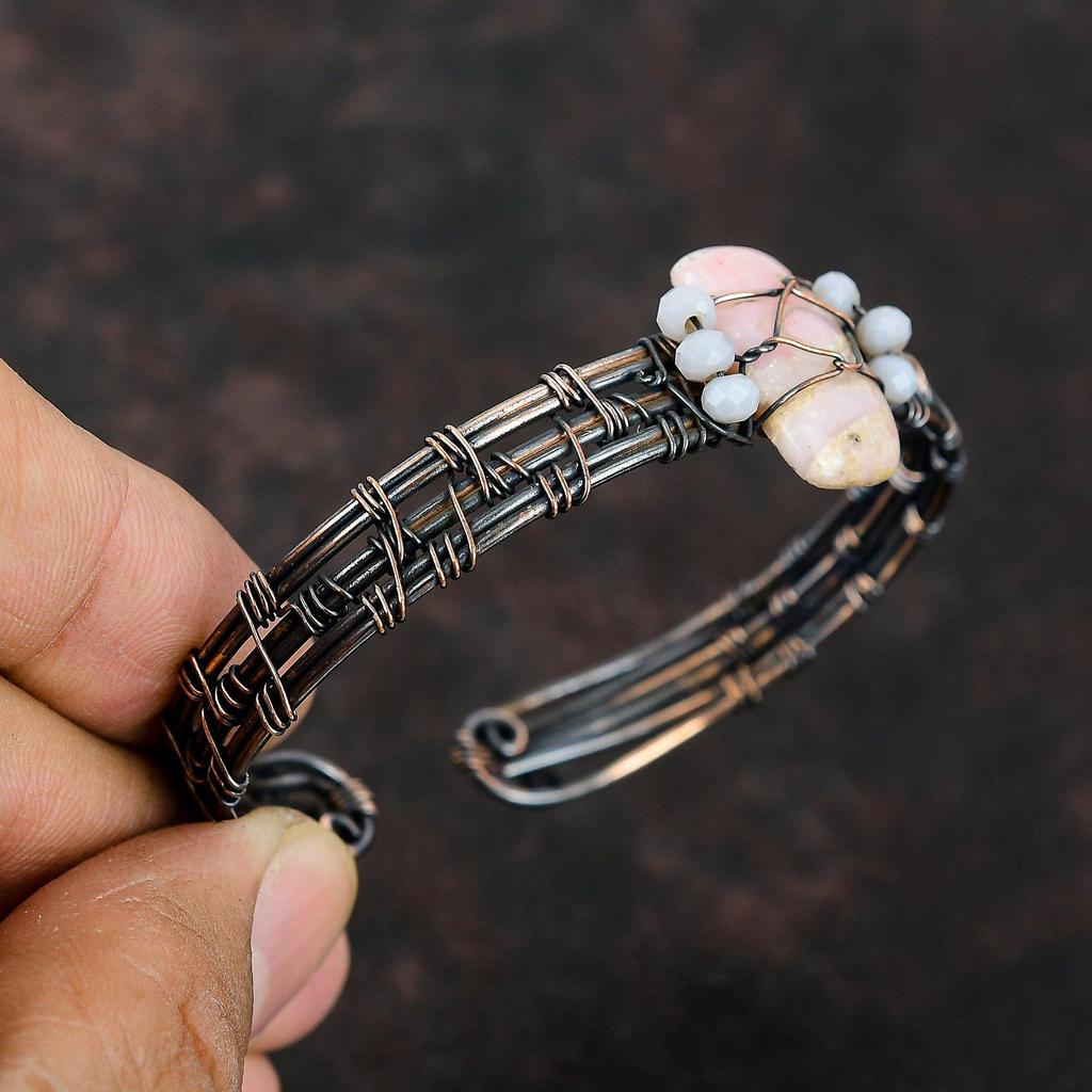 Браслет-манжета из розового опала и меди, браслет с синими кружевными бусинами из агата, браслет из медной проволоки, регулируемый браслет-манжета ручной работы