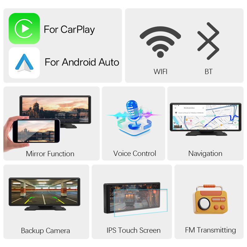Sinovcle Portable Car Radio Wireless Carplay Android Auto 10.26 inch Multimedia Video Player IPS Touch Screen Support Camera