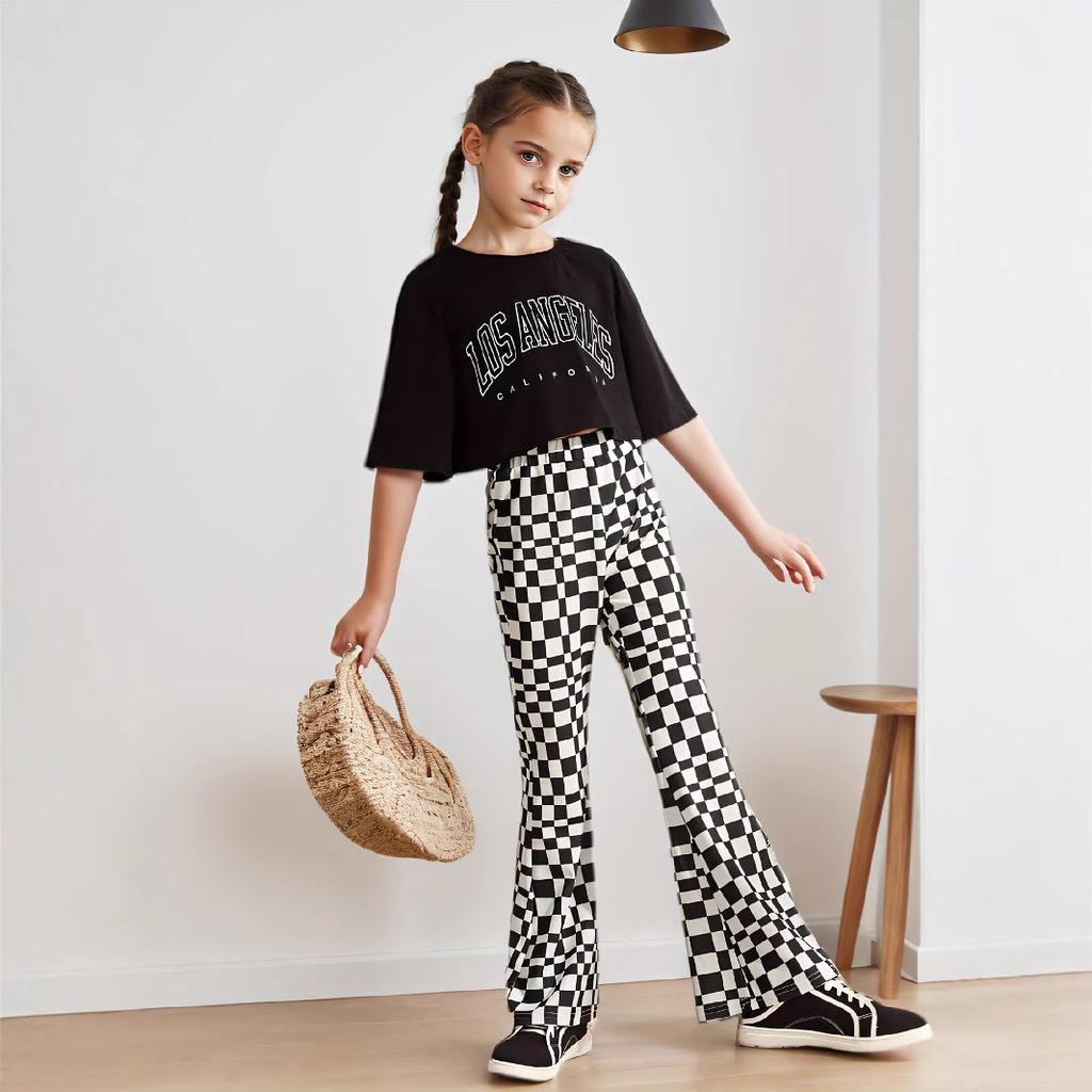 Брюки-клеш в клетку для девочек, весенние и осенние, детские спортивные брюки для отдыха