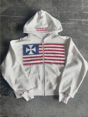 Американская мода уличная одежда готический флаг стразы вышитая молния толстовка с капюшоном Y2k сращивание большой свободный хлопковый свитшот