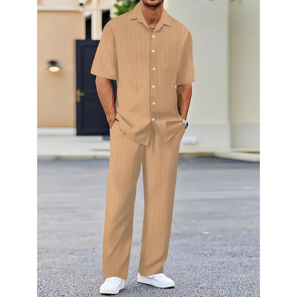 Мужская повседневная полосатая толстовка с коротким рукавом, воротником-стойкой на пуговицах и эластичным поясом, брюки из полиэстеровой ткани с добавлением эластана, двухкомпонентный