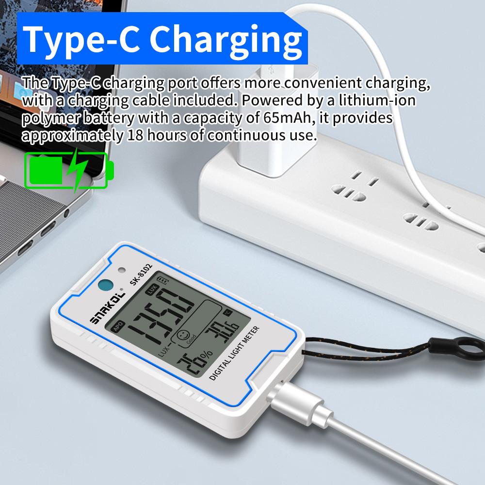 SNAKOL SK-8100/8101/8102 Mini Digital Lux Meter with Temperature and Humidity Monitoring Type-C Charging Portable Lux Meter