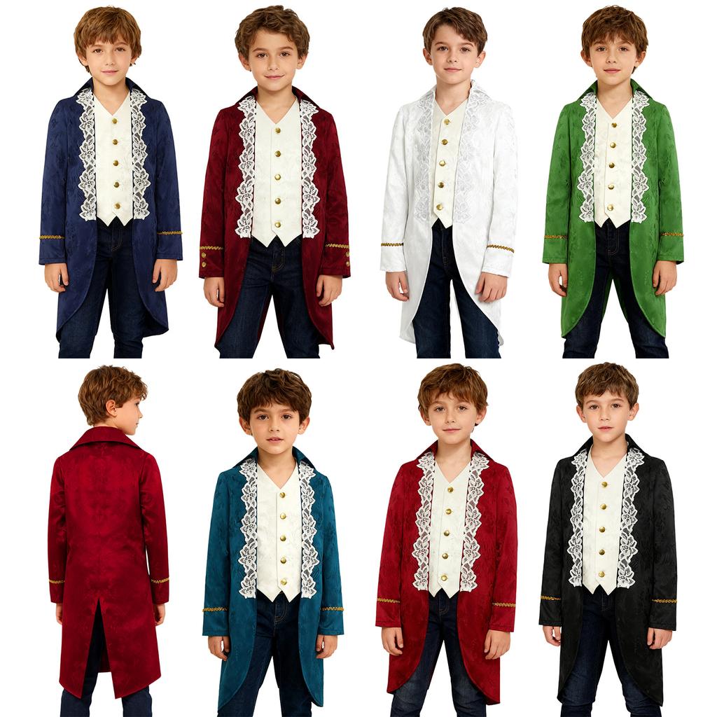 Boys Medieval Renaissance Victorian Jacket Turn Down Collar Long Sleeves Fake Two in One Lace Embroidery Tailcoat