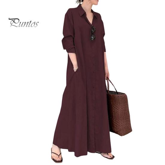 Женское весеннее платье с отложным воротником, свободное однобортное однобортное платье с длинными рукавами и карманами на пуговицах, тип рубашки до щиколотки, осеннее повседневное платье макси
