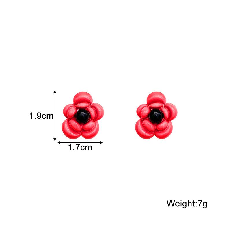 New Trendy Red Flower Women's Stud Earrings Lovely Cute Korean Fashion Black Middle Girls Sweet Ear Jewelry Aretes De Mujer