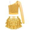 Kids Girls Dance Stage Performance Costume Sparkly Sequins Long Sleeve One Shoulder Top with Tiered Ruffle Skirted Shorts