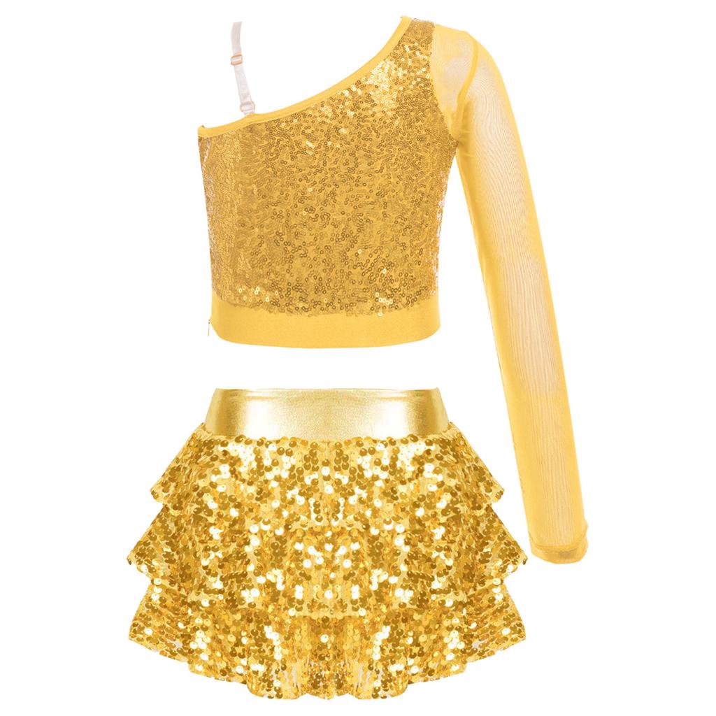 Kids Girls Dance Stage Performance Costume Sparkly Sequins Long Sleeve One Shoulder Top with Tiered Ruffle Skirted Shorts