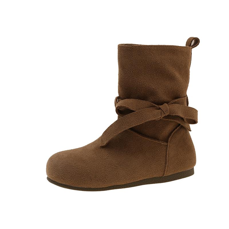 Fashion Flats Women Bow Lace Up Shore Boots Fashion Suede Woman Shoes 2025 Winter New Elegant Chelsea Ankle Boots Classical Zapatillas