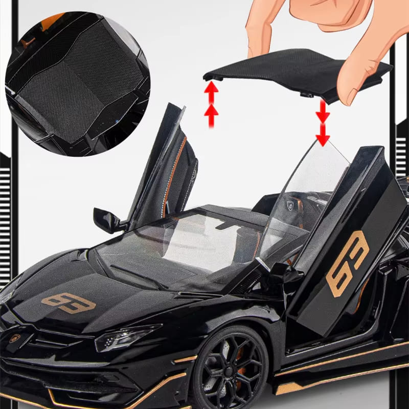 1/18 Aventador SVJ 63 Модель гоночного автомобиля из литого металла Коллекция игрушек Звук и свет Съемная отсоединяемая имитация Детский подарок
