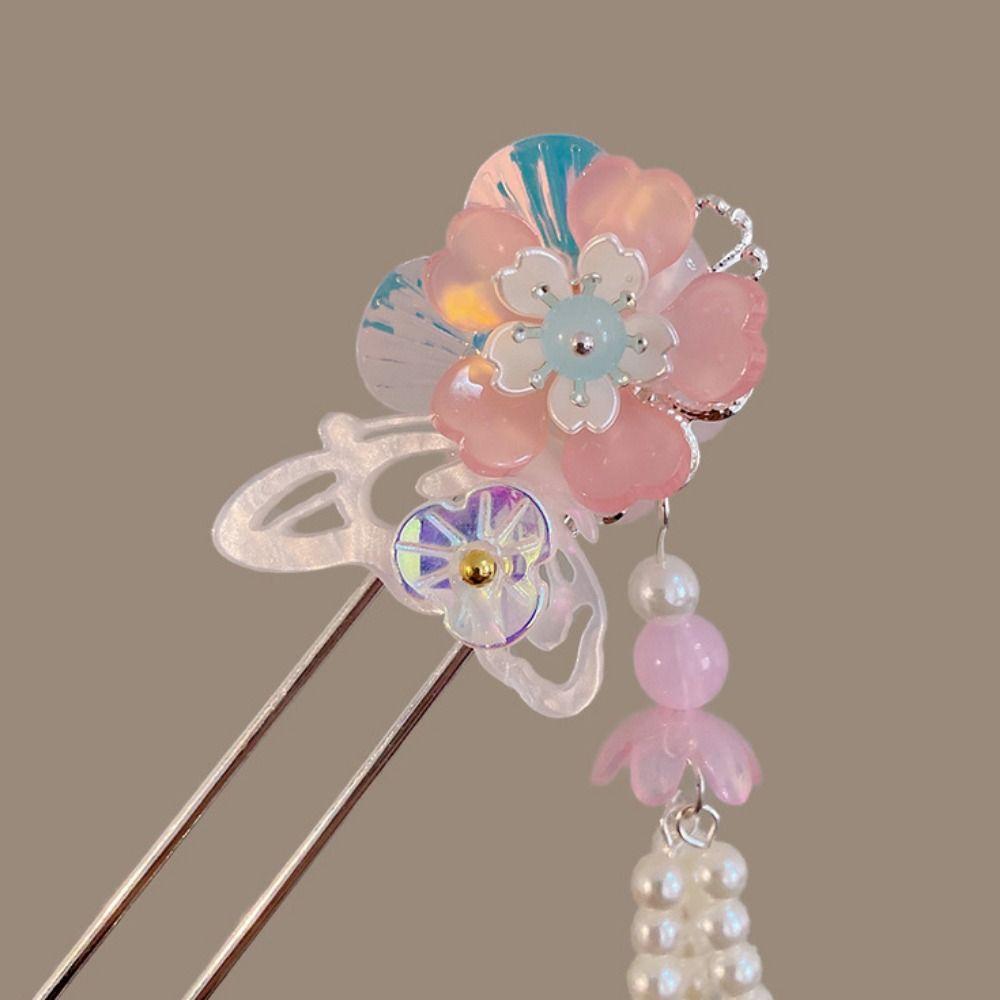 Chinese Style Flower Hair Stick Handmade Hanfu Hair Bun Elegant Butterfly Hairpin  for Hanfu Party