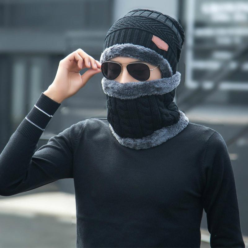 Windproof Winter Wool Hat with Hooded Scarf, Earflap Knit Cap, and Warm Masks for Men and Women