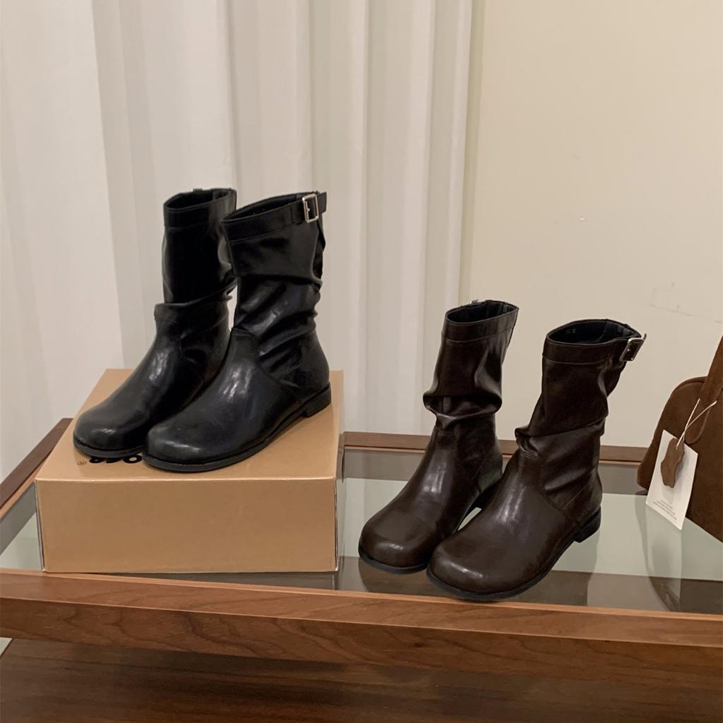 Ботинки-рыцари средней длины на толстом каблуке с ворсом Женские ботинки 2025 Новые весенне-осенние черные ботинки Мартин Узкие коричневые короткие ботинки