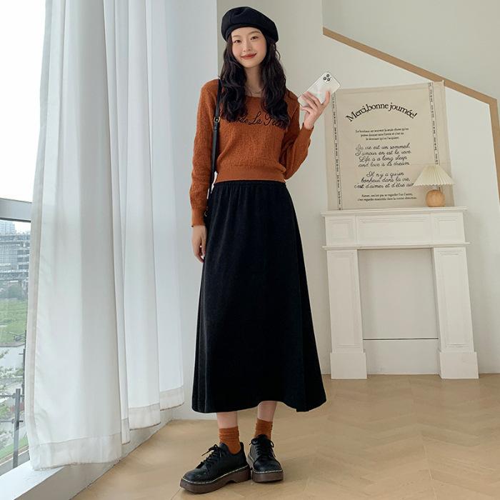Solid Casual A-Line Skirts For Women Autumn Winter Vintage Women's High Waist Loose Midi Skirt Street Female Elastic Skirt