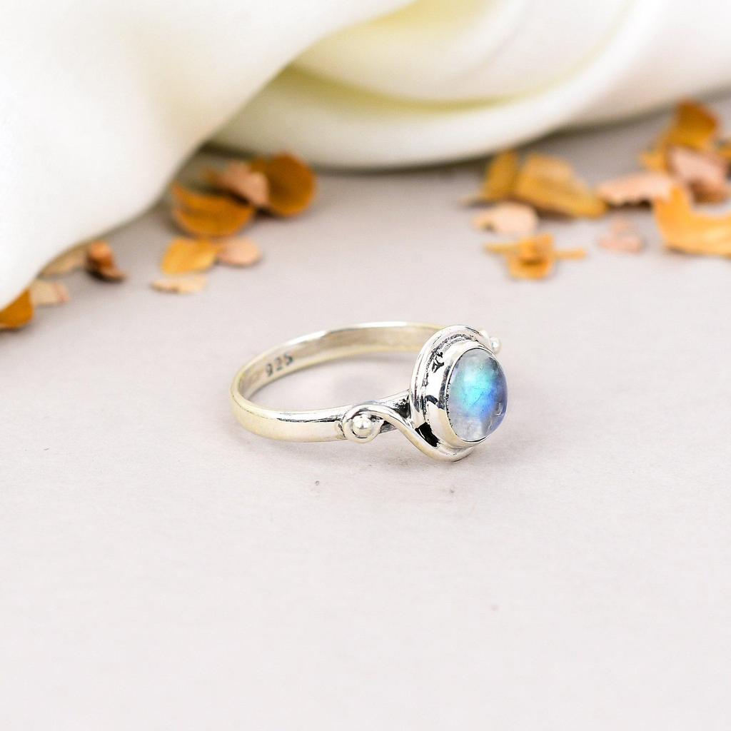 Радужный Лунный Камень 925 Стерлинговое Серебро Круглый Драгоценный Камень Бохо Стиль Кольцо Ручной Работы Для Женщин