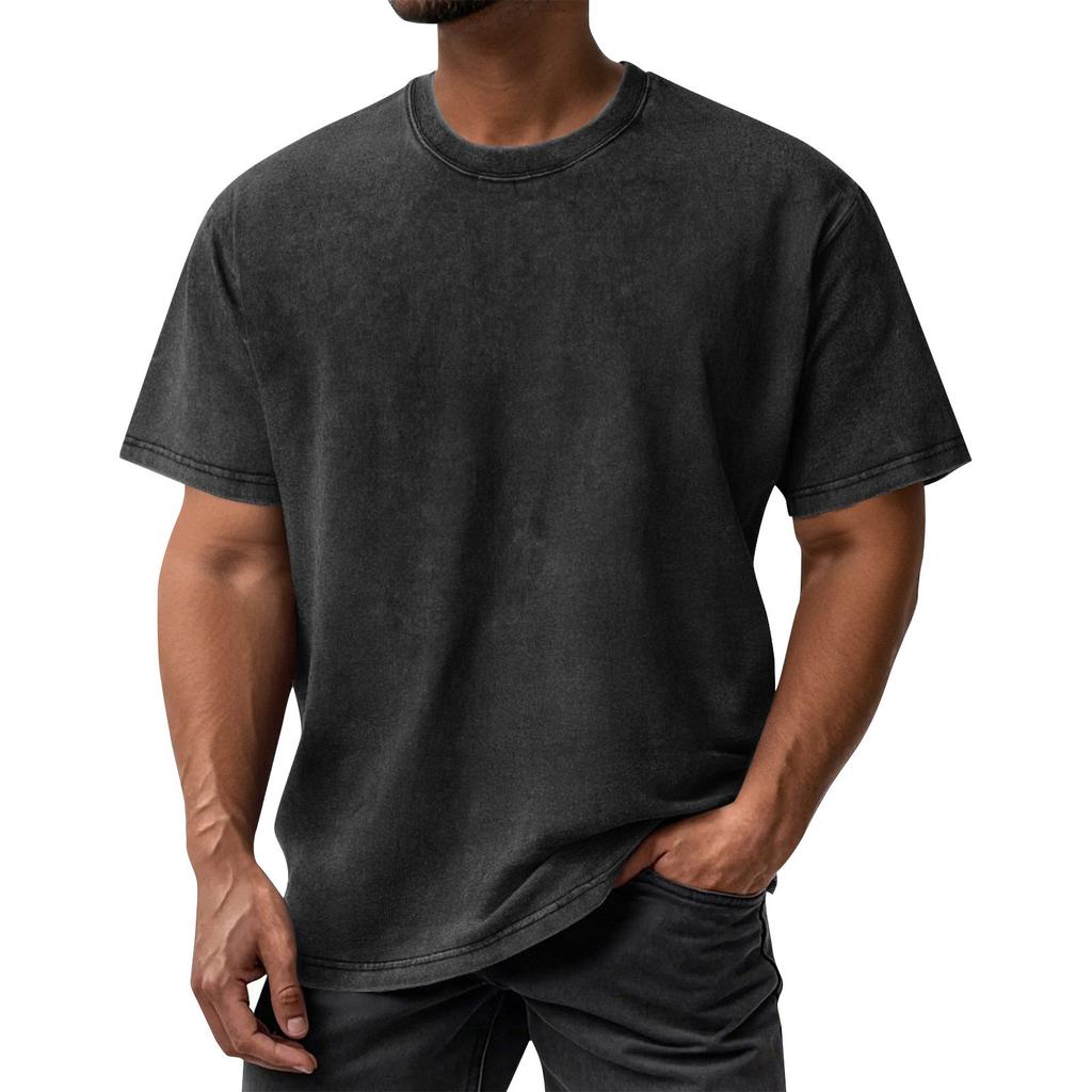 Men's Summer Retro Washed Round Neck Distressed Top Loose Short-sleeved T-shirt