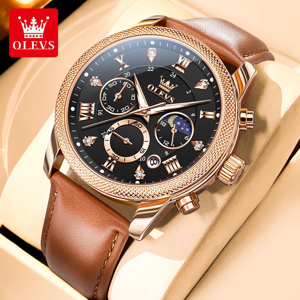 OLEVS 3660 Men's Quartz Watches Chronograph 24 Hour Moon Phase Calendar Waterproof Luminous Original Watch for Men With Gift Box