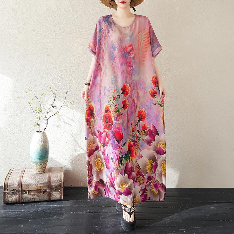 DIMANAF 2025 Летнее Женское Платье Большого Размера Свободного Кроя Пляжное Базовое Повседневное Длинное Платье Винтажный Цветочный Принт Праздничное Платье