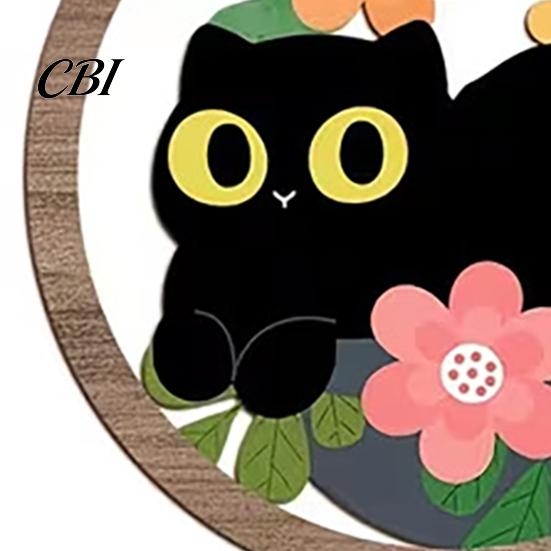Warm Wood Grain Texture 4PCS Black Cat Wall Sign, with Art, Scratch-Resistant Sun-resistant Hanging Home Decor, Nordic Retro Style for Nursery Bedroom