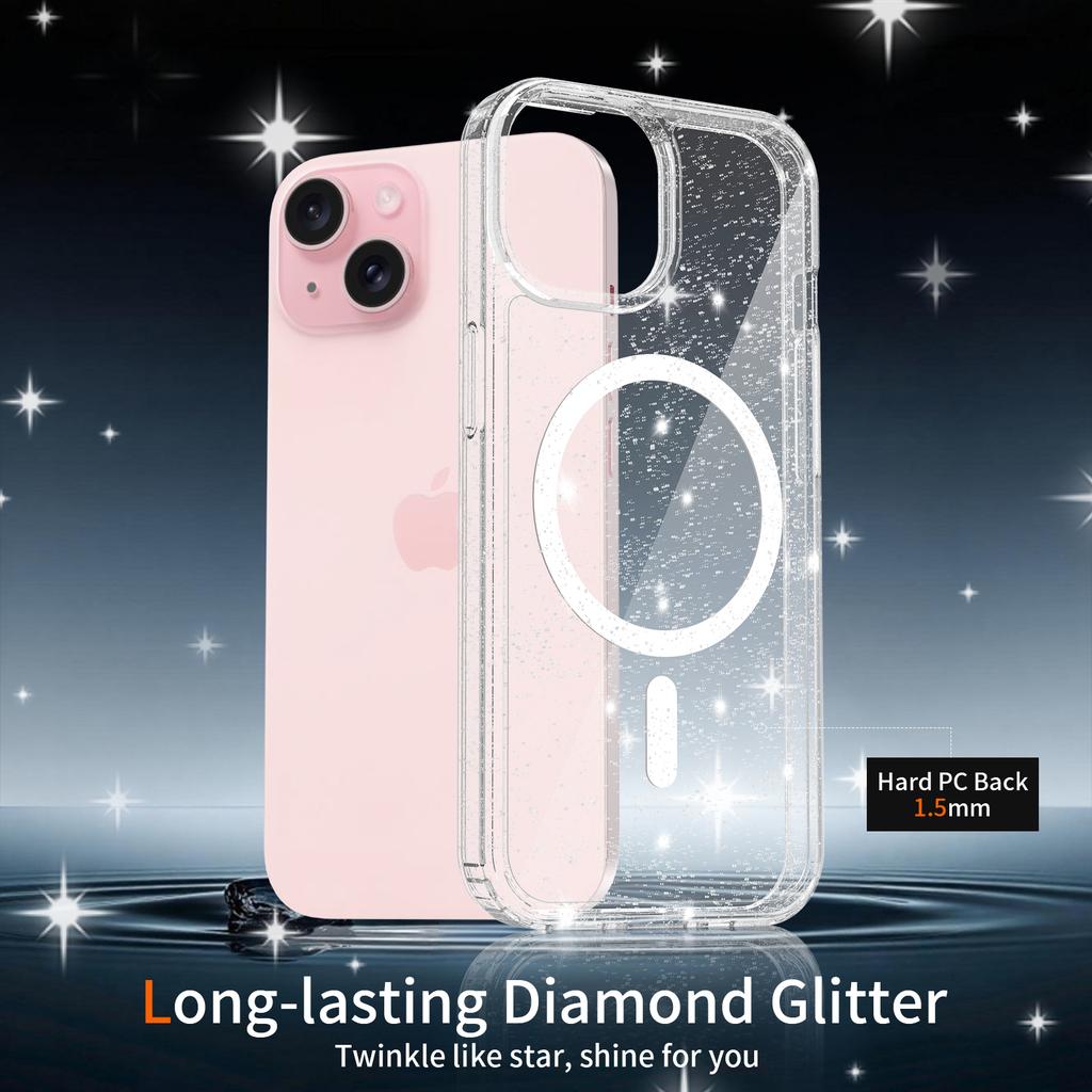 Anti-Yellowing Glitter Clear Cute Case for Magsafe Iphone 17 Air 16 E 15 15Pro 14 Plus 13 Pro Max 13Pro 14Pro 16Pro 17Pro Mag Safe Phone Cover