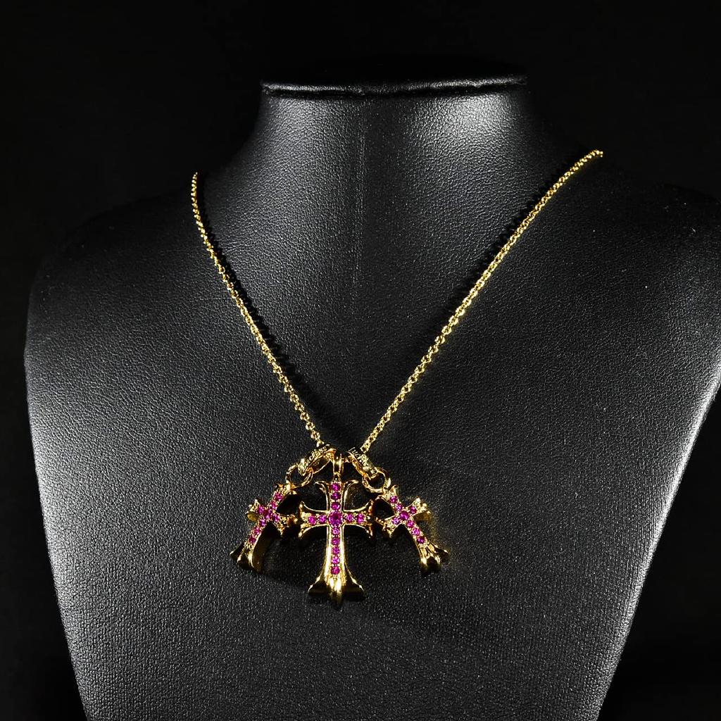 Lucliss Ожерелье с крестом Отечественный производитель 3 нити 24K Цирконий GP Розовое 24K Ожерелье с крестом [Золотой камень] Мужское Женское