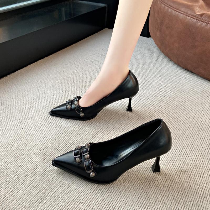 Rivets Metal Buckle High Heels Summer New Pointed Head Shallow Mouth Set Foot Anti-slip Wear-resistant Single Shoes