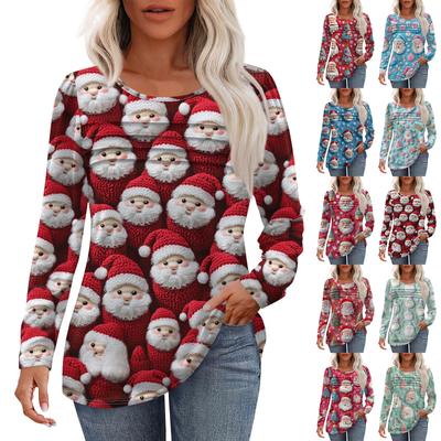 Женская модная повседневная рождественская футболка с круглым вырезом и длинными рукавами