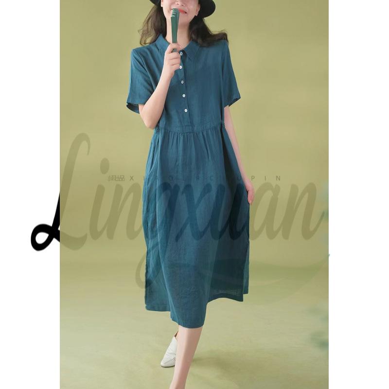 Korean Style Cotton Linen Retro Long Dress for Women, Spring/Summer 2026 Collection, Short Sleeve with Shirt Collar