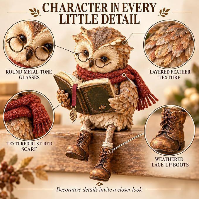 Resin Owl Figurine Reading Book with Scarf & Glasses, Vintage Sitting Owl Statue, Farmhouse Home Tabletop Decor Gift