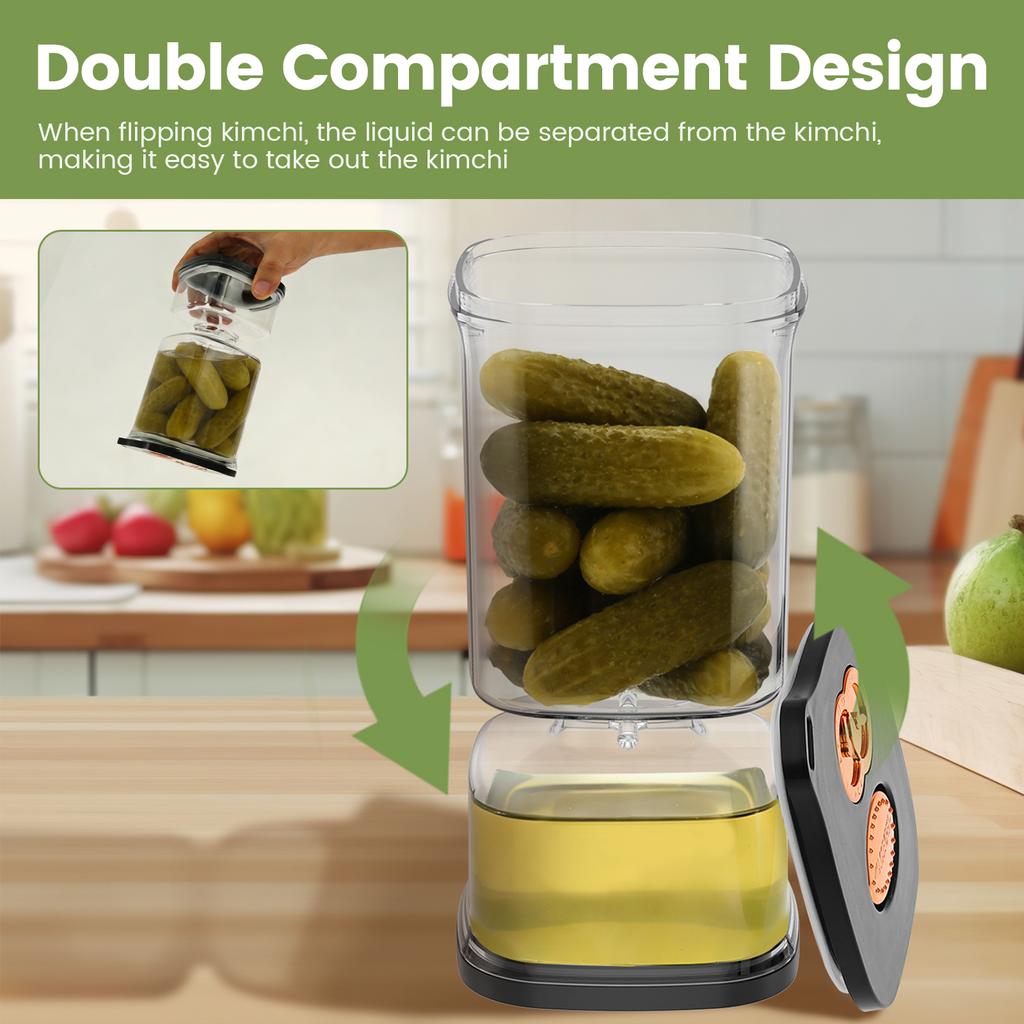 34oz Pickle Flip Jar with Strainer Square Pickle Container with 2 Fork and Timer Recorder Food Storage Container for Gherkins