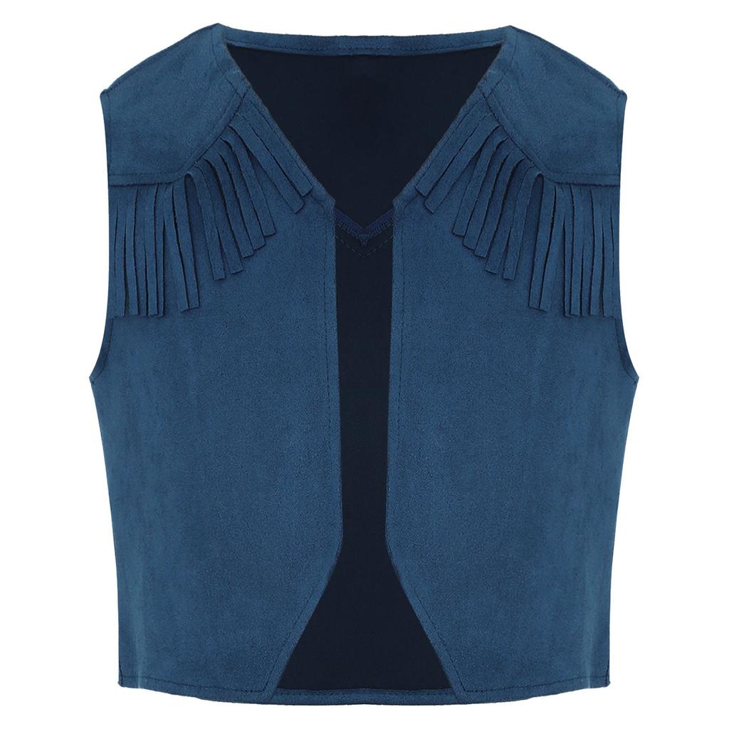 Boys Western Cowboy Vest Pointed Hem Fringe Decor Open Front Design Cosplay Halloween Costume