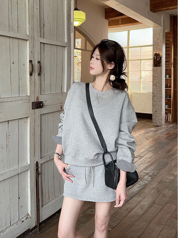 Korean Color Block Striped Shawl Two-Piece Set: Loose Long Sleeve Sweatshirt & High Waist Drawstring Midi Skirt for Early Autumn