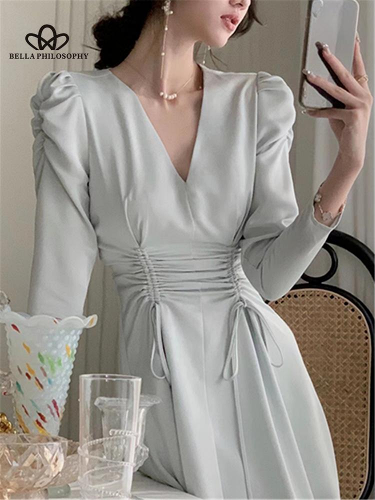 Платье миди, женское элегантное осеннее атласное платье с v-образным вырезом, модное женское платье с высокой талией и складками, винтажное атласное платье, женская одежда