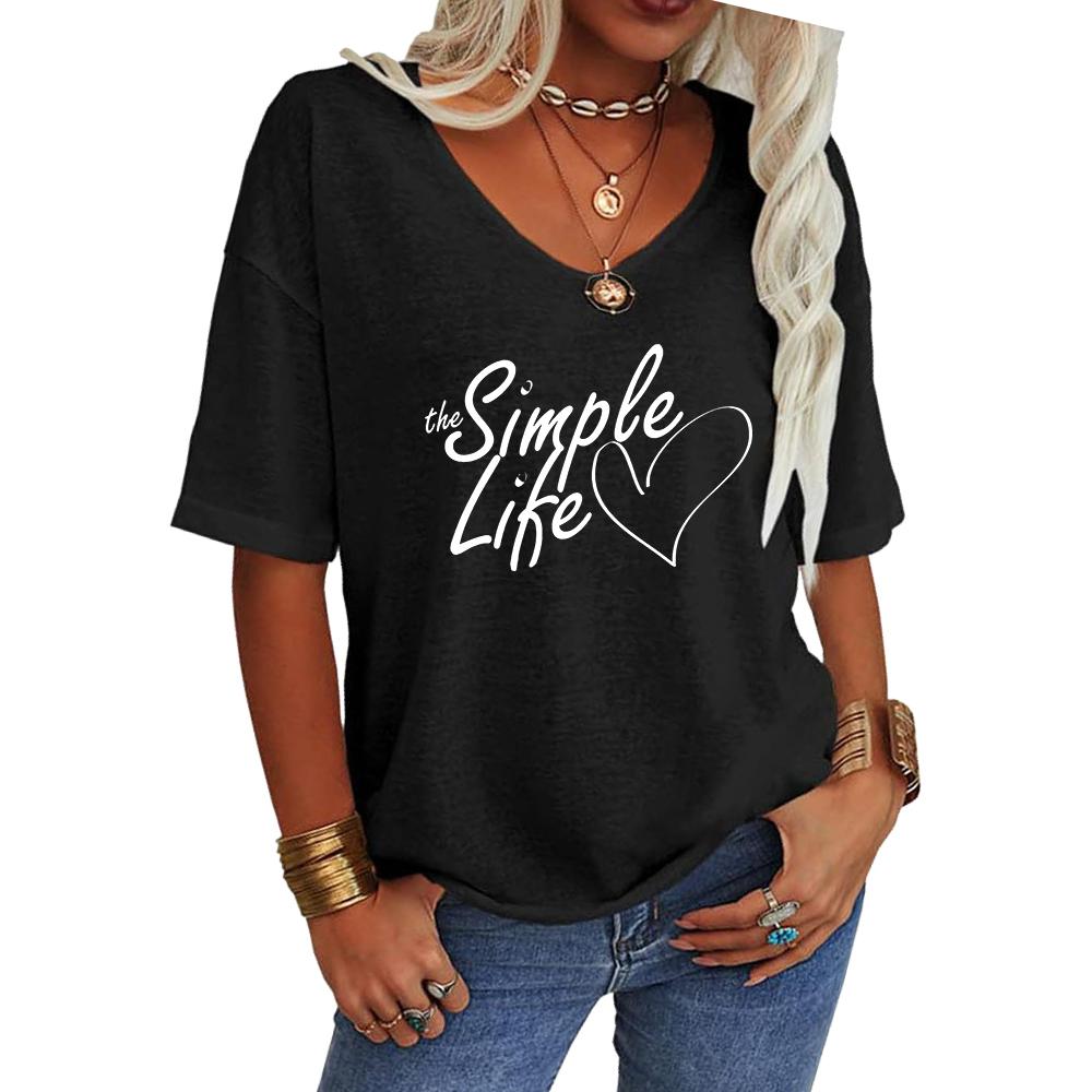 Women Fashion V Neck Tee Shirt Summer Casual Short Sleeve Top Loose Letter Print T-shirt